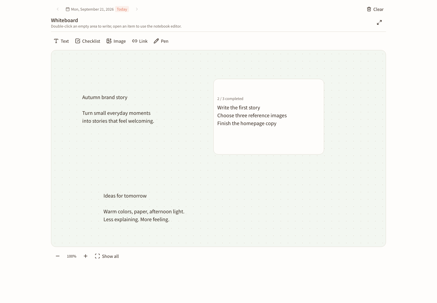 Huddle whiteboard showing text and a checklist on a freeform canvas